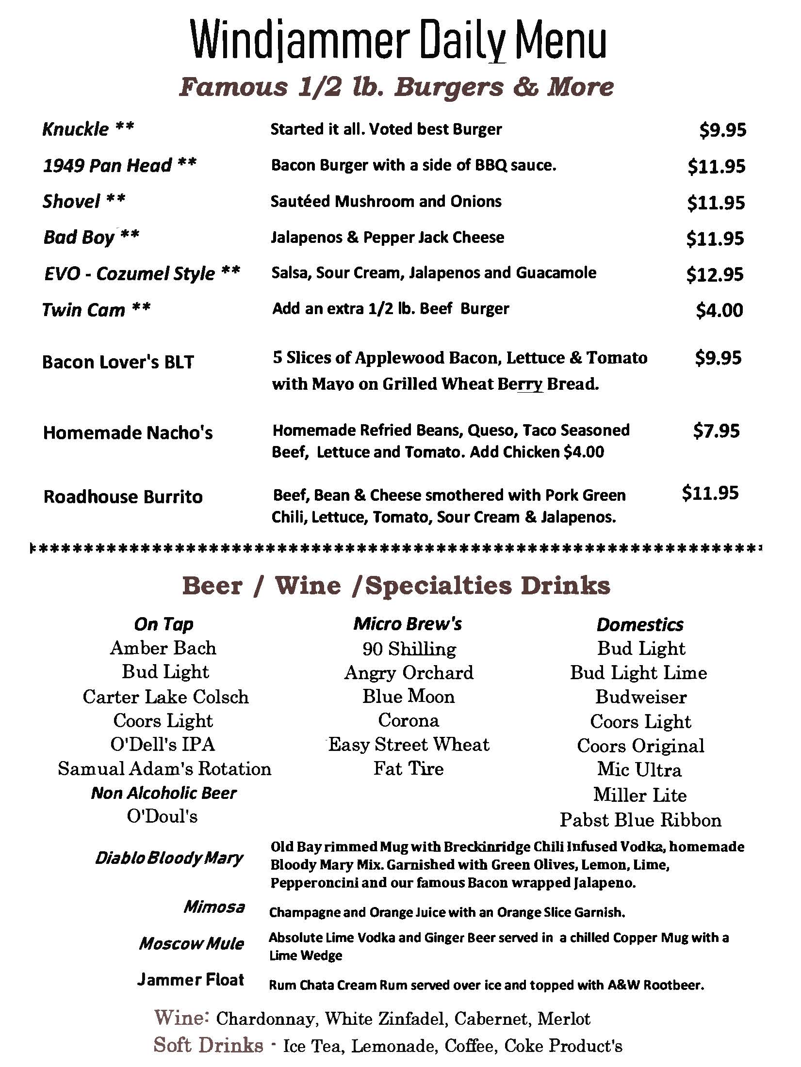 Menu Windjammer Roadhouse Bar and Grill Windjammer Roadhouse Bar